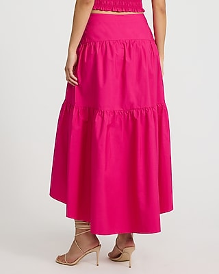 Cotton Poplin High Waisted Tiered High-Low Midi Skirt