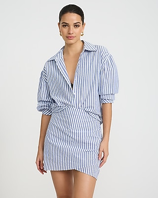 High Waisted Striped Seersucker Ruched Mini Skirt