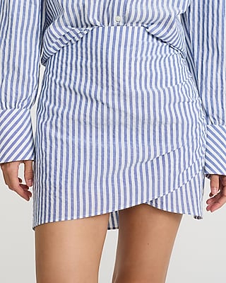 High Waisted Striped Seersucker Ruched Mini Skirt