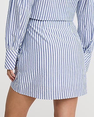 High Waisted Striped Seersucker Ruched Mini Skirt