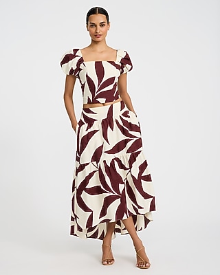 Cotton Poplin Printed High Waisted Tiered High-Low Midi Skirt