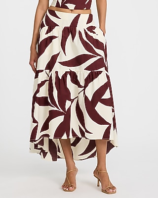 Cotton Poplin Printed High Waisted Tiered High-Low Midi Skirt
