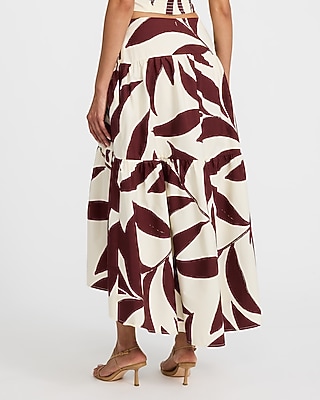 Cotton Poplin Printed High Waisted Tiered High-Low Midi Skirt
