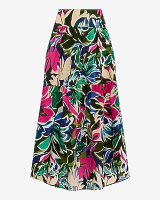 Cotton Poplin Printed High Waisted High-Low Tiered Midi Skirt