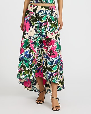 Cotton Poplin Printed High Waisted High-Low Tiered Midi Skirt