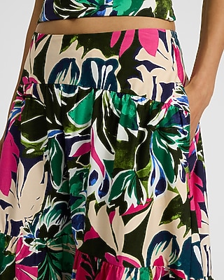 Cotton Poplin Printed High Waisted High-Low Tiered Midi Skirt
