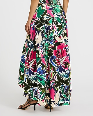 Cotton Poplin Printed High Waisted High-Low Tiered Midi Skirt