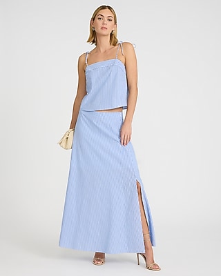 High Waisted Striped Cotton Side Slit Maxi Skirt