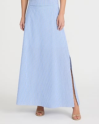 High Waisted Striped Cotton Side Slit Maxi Skirt