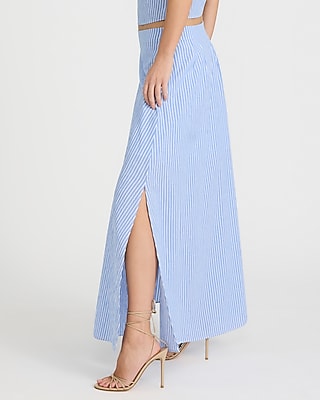 High Waisted Striped Cotton Side Slit Maxi Skirt
