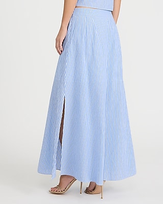 High Waisted Striped Cotton Side Slit Maxi Skirt