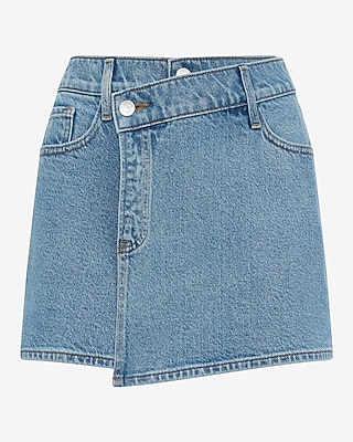 High Waisted Light Wash Asym Wrap Denim Skort