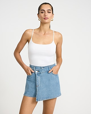 High Waisted Light Wash Asym Wrap Denim Skort