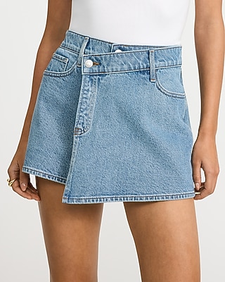 High Waisted Light Wash Asym Wrap Denim Skort