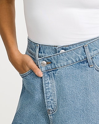 High Waisted Light Wash Asym Wrap Denim Skort