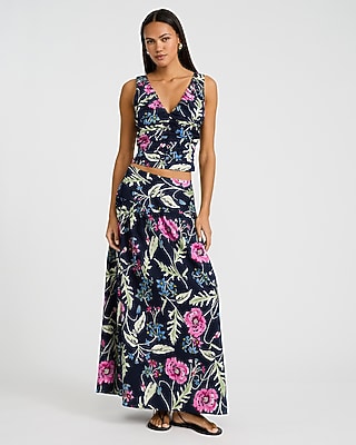 Poplin Floral High Waisted Side Slit Maxi Skirt