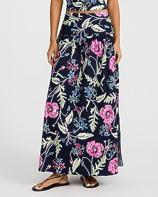 Poplin Floral High Waisted Side Slit Maxi Skirt