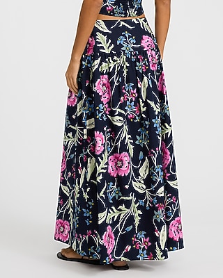 Poplin Floral High Waisted Side Slit Maxi Skirt
