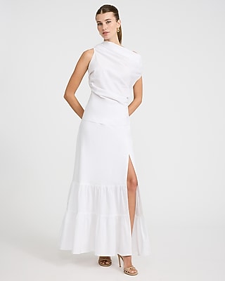 Stretch Cotton Poplin High Waisted Tiered Maxi Skirt