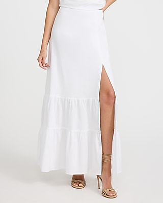 Stretch Cotton Poplin High Waisted Tiered Maxi Skirt
