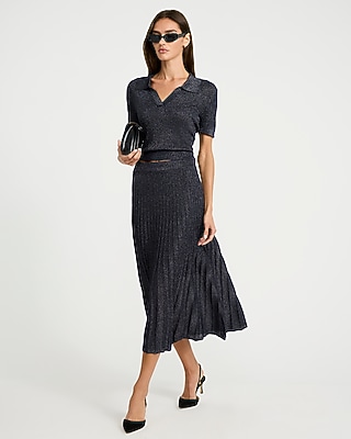 Metallic Super High Waisted Pleated Midi Sweater Skirt