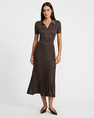 Metallic Super High Waisted Pleated Midi Sweater Skirt