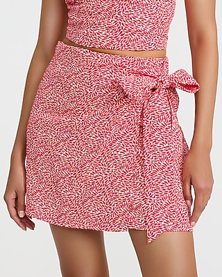 Linen-Blend Printed High Waisted Tie Wrap Mini Skirt - image 3