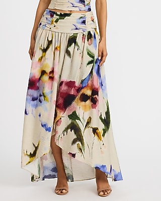 Floral High Waisted High-Low Wrap Maxi Skirt