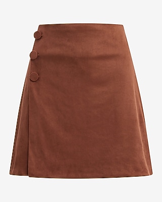 Faux Suede High Waisted Button Detail Wrap Mini Skirt