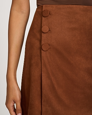 Faux Suede High Waisted Button Detail Wrap Mini Skirt