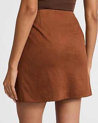 Faux Suede High Waisted Button Detail Wrap Mini Skirt