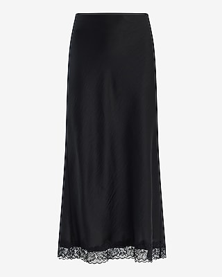 Satin Lace Trim High Waisted Midi Skirt