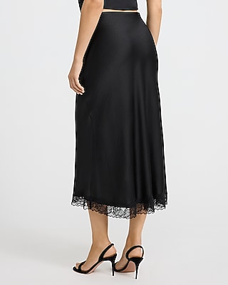 Satin Lace Trim High Waisted Midi Skirt