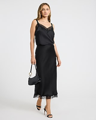 Satin Lace Trim High Waisted Midi Skirt