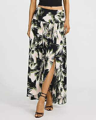 Printed High Waist Petal Front Slit Maxi Skirt