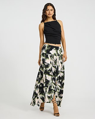 Printed High Waist Petal Front Slit Maxi Skirt