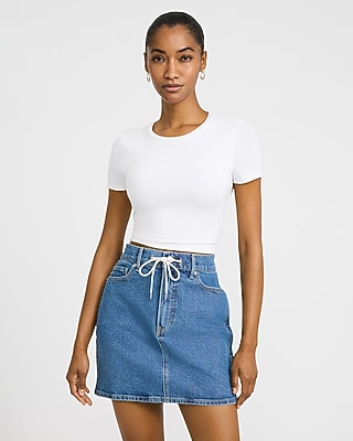 High Waisted Medium Wash Tie Waist Denim Mini Skirt