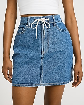 High Waisted Medium Wash Tie Waist Denim Mini Skirt