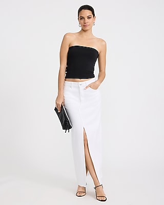 High Waisted White Column Maxi Denim Skirt
