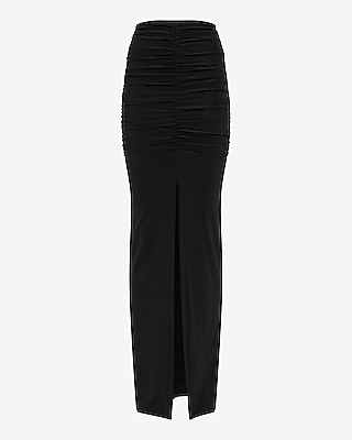 High Waisted Ruched Front Slit Maxi Skirt