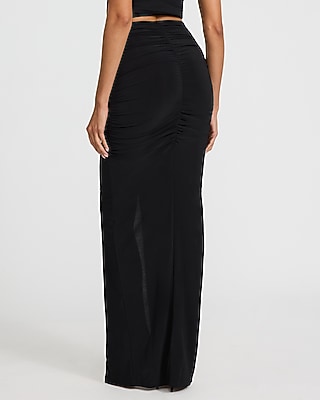 High Waisted Ruched Front Slit Maxi Skirt