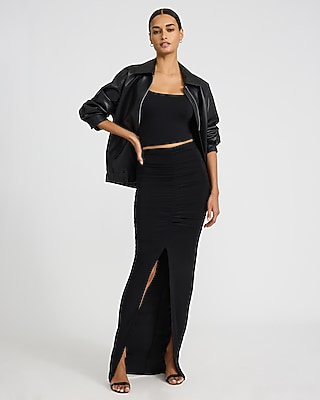 High Waisted Ruched Front Slit Maxi Skirt