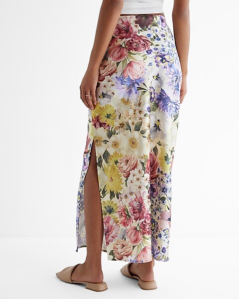 High Waisted Satin Floral Side Slit Maxi Skirt