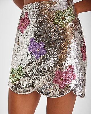 High Waisted Sequin Floral Scalloped Hem Mini Skirt Express