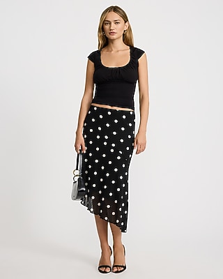 Polka Dot Mesh Asymmetrical Pull On Midi Skirt