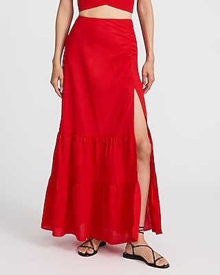Linen-blend High Waisted Ruched Tiered Maxi Skirt