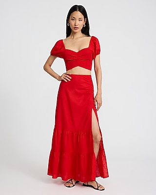 Linen-Blend High Waisted Ruched Tiered Maxi Skirt