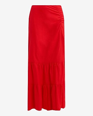 Linen-Blend High Waisted Ruched Tiered Maxi Skirt