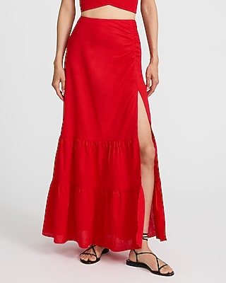 Linen-Blend High Waisted Ruched Tiered Maxi Skirt