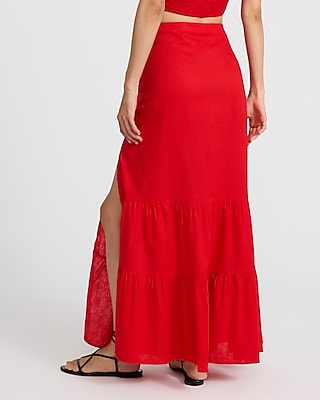 Linen-Blend High Waisted Ruched Tiered Maxi Skirt